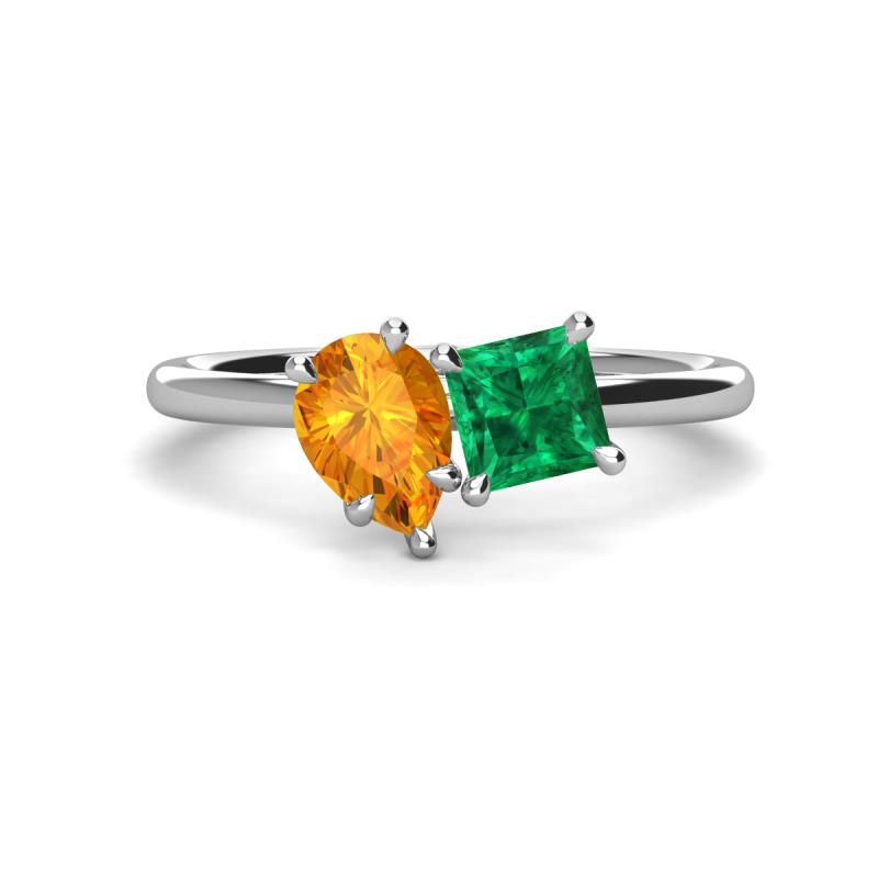 Zoya Pear Shape Citrine & Princess Shape Lab Created Emerald 2 Stone Duo Ring 