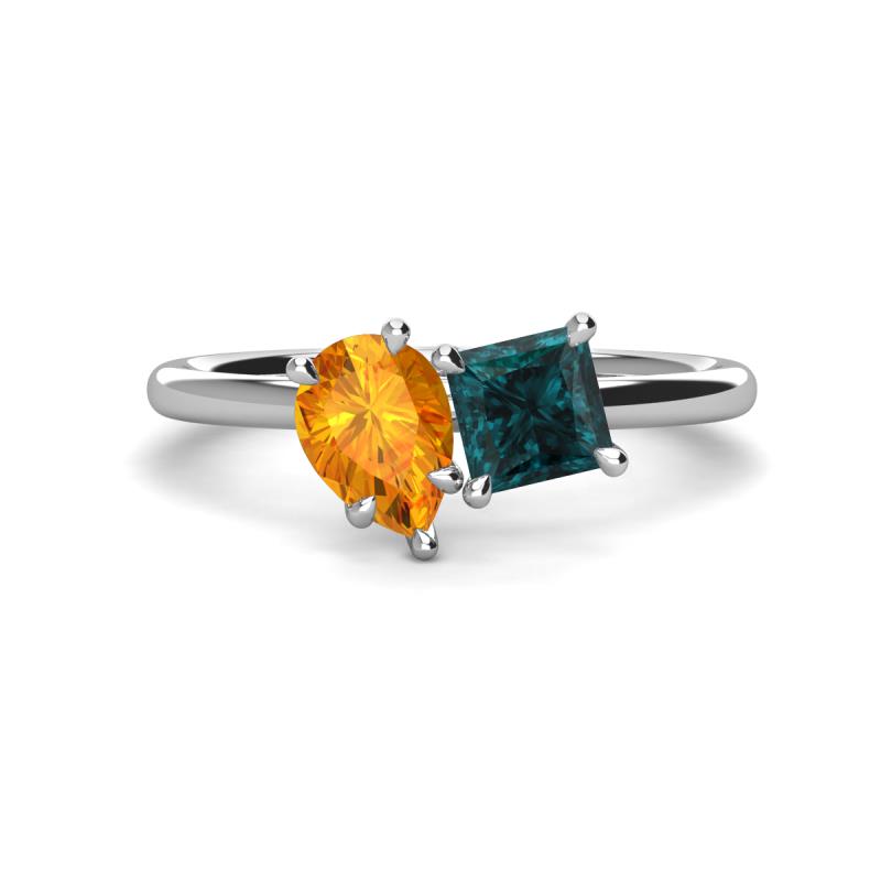 Zoya Pear Shape Citrine & Princess Shape London Blue Topaz 2 Stone Duo Ring 