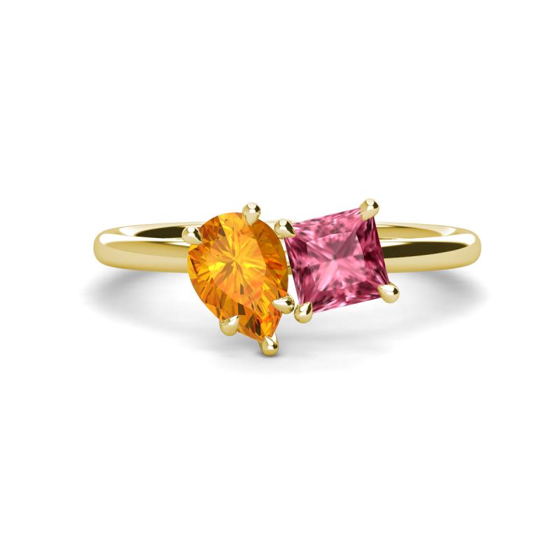 Zoya Pear Shape Citrine & Princess Shape Pink Tourmaline 2 Stone Duo Ring 