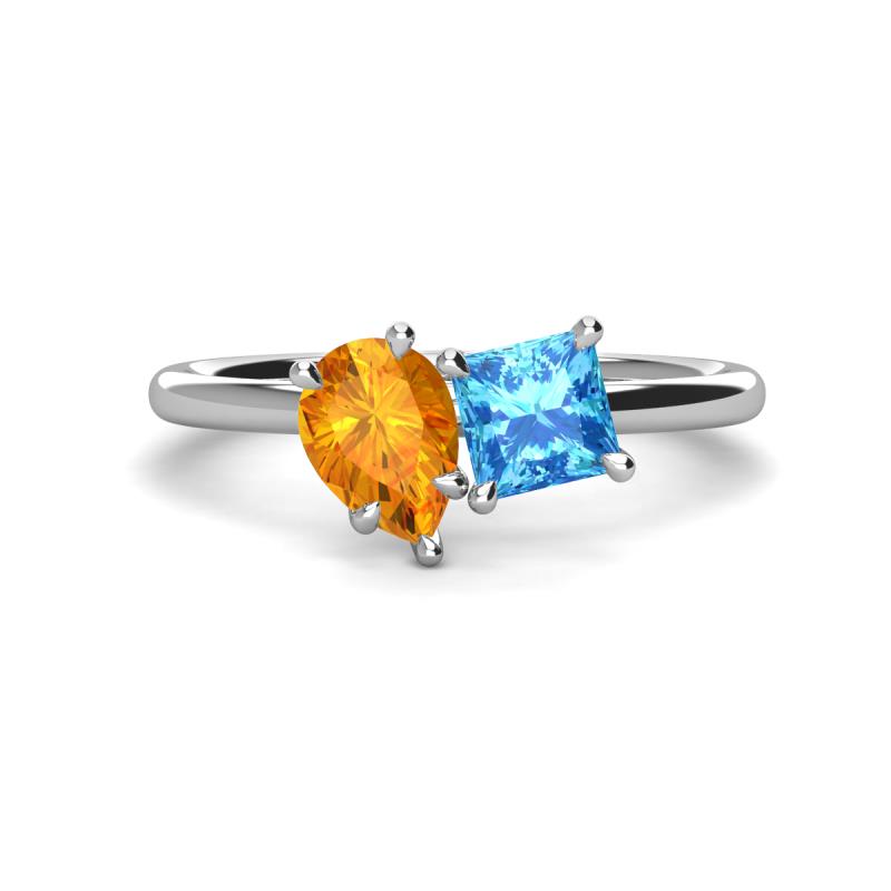 Zoya Pear Shape Citrine & Princess Shape Blue Topaz 2 Stone Duo Ring 