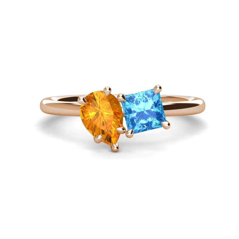 Zoya Pear Shape Citrine & Princess Shape Blue Topaz 2 Stone Duo Ring 