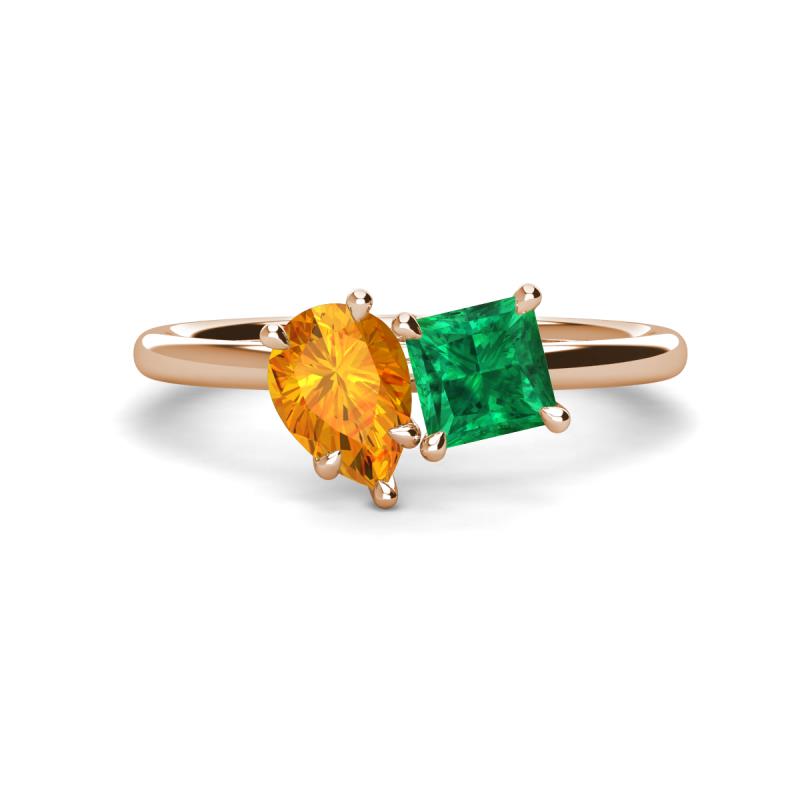 Zoya Pear Shape Citrine & Princess Shape Lab Created Emerald 2 Stone Duo Ring 