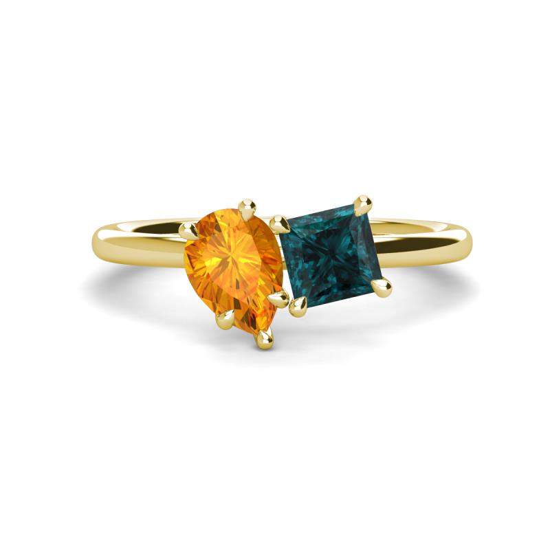 Zoya Pear Shape Citrine & Princess Shape London Blue Topaz 2 Stone Duo Ring 