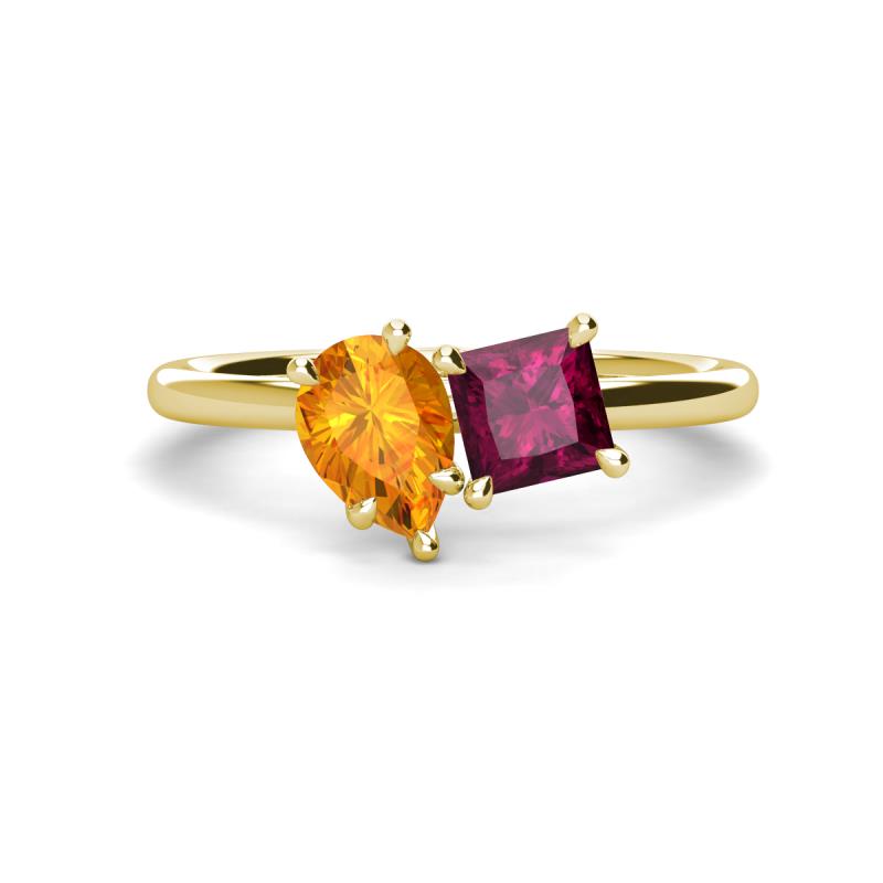 Zoya Pear Shape Citrine & Princess Shape Rhodolite Garnet 2 Stone Duo Ring 