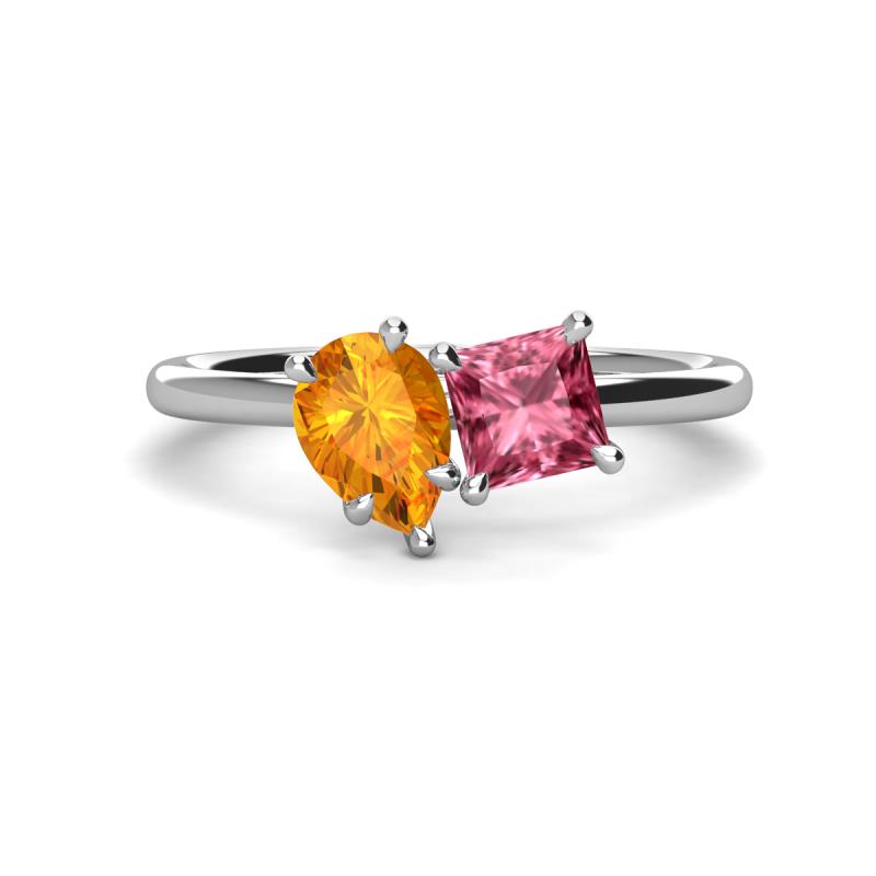 Zoya Pear Shape Citrine & Princess Shape Pink Tourmaline 2 Stone Duo Ring 