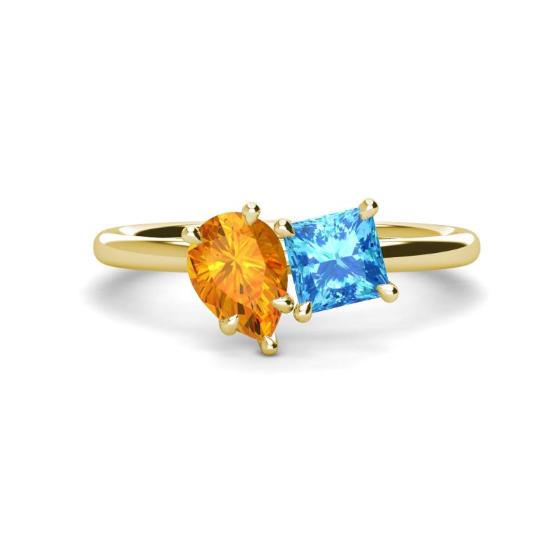 Zoya Pear Shape Citrine & Princess Shape Blue Topaz 2 Stone Duo Ring 