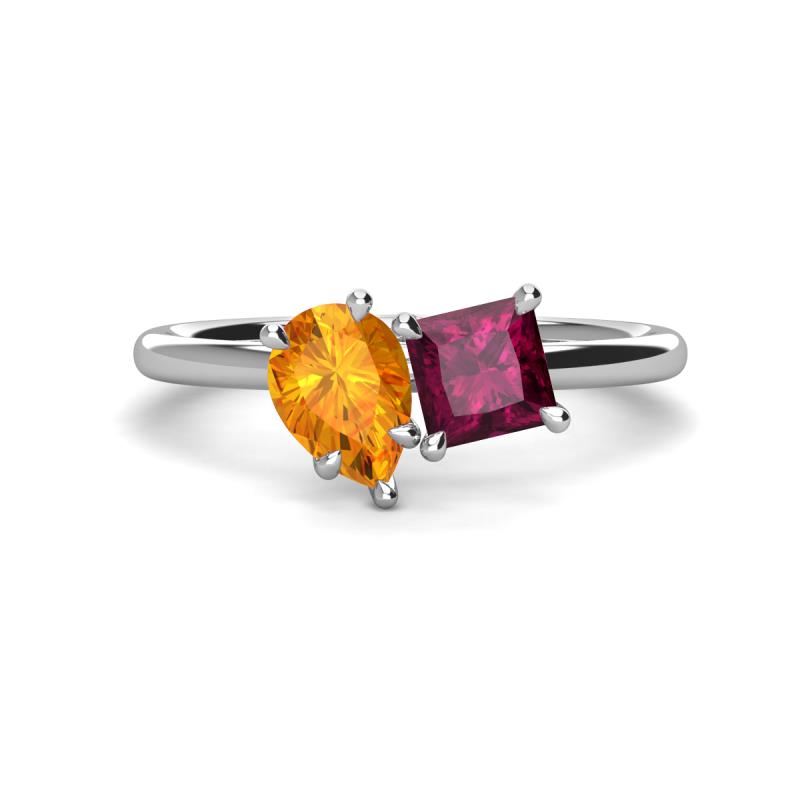 Zoya Pear Shape Citrine & Princess Shape Rhodolite Garnet 2 Stone Duo Ring 