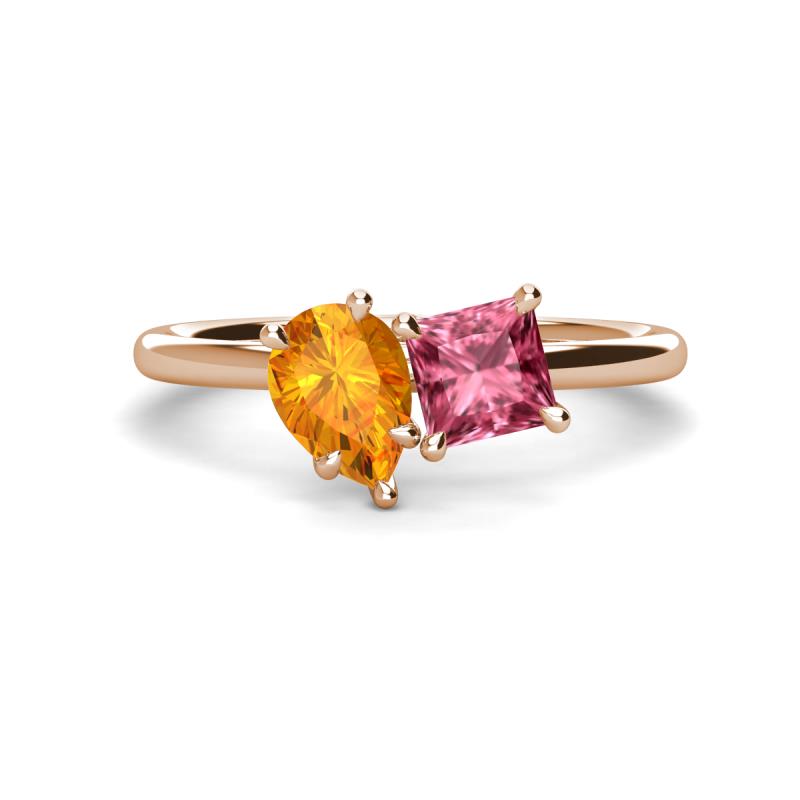 Zoya Pear Shape Citrine & Princess Shape Pink Tourmaline 2 Stone Duo Ring 