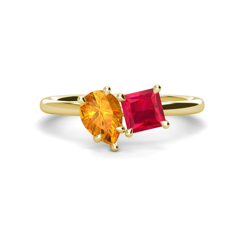 Zoya Pear Shape Citrine & Princess Shape Lab Created Ruby 2 Stone Duo Ring 