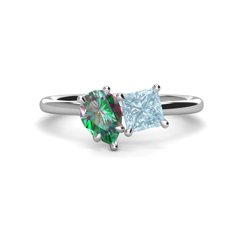 Zoya Pear Shape Lab Created Alexandrite & Princess Shape Aquamarine 2 Stone Duo Ring 