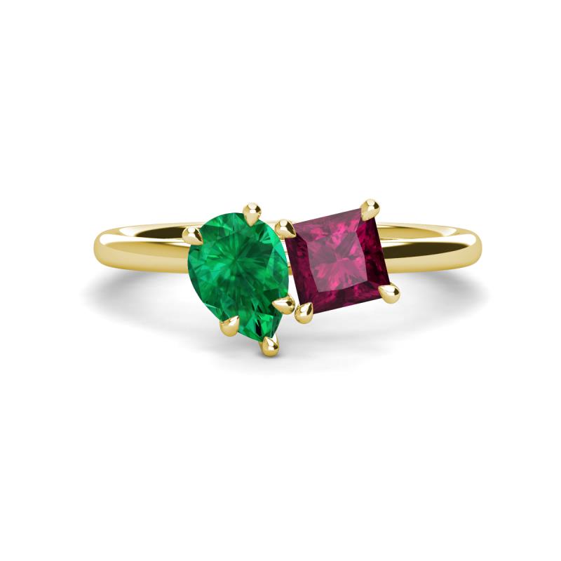 Zoya Pear Shape Emerald & Princess Shape Rhodolite Garnet 2 Stone Duo Ring 