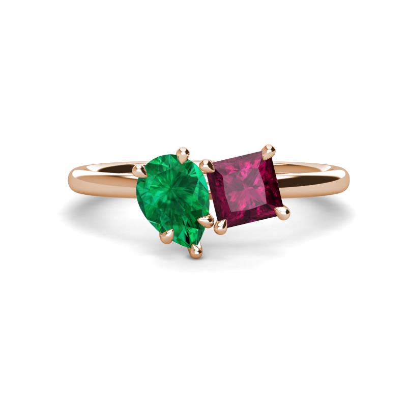 Zoya Pear Shape Emerald & Princess Shape Rhodolite Garnet 2 Stone Duo Ring 