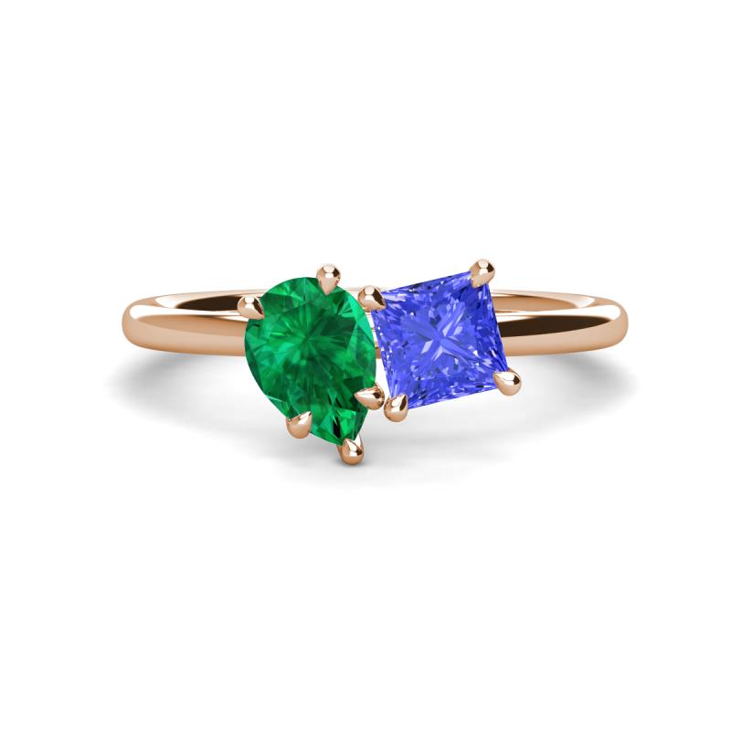 Zoya Pear Shape Emerald & Princess Shape Tanzanite 2 Stone Duo Ring 
