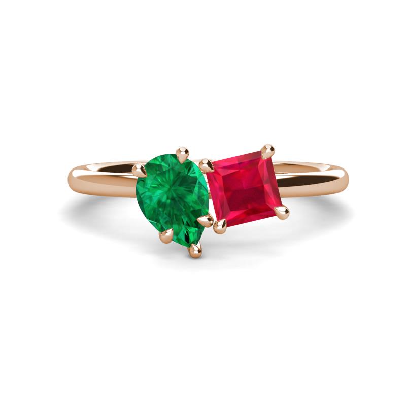 Zoya Pear Shape Emerald & Princess Shape Lab Created Ruby 2 Stone Duo Ring 