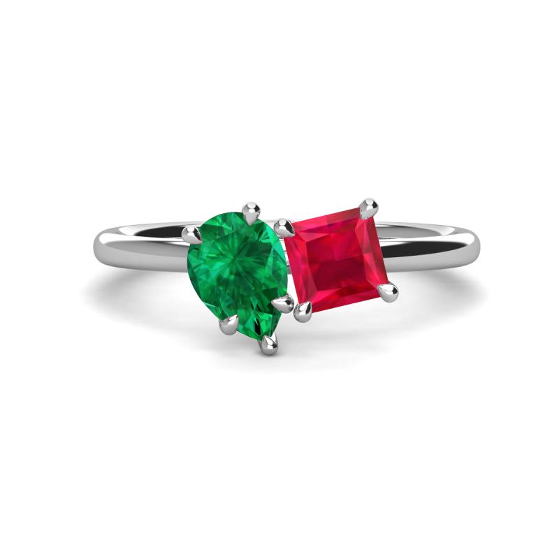 Zoya Pear Shape Emerald & Princess Shape Lab Created Ruby 2 Stone Duo Ring 