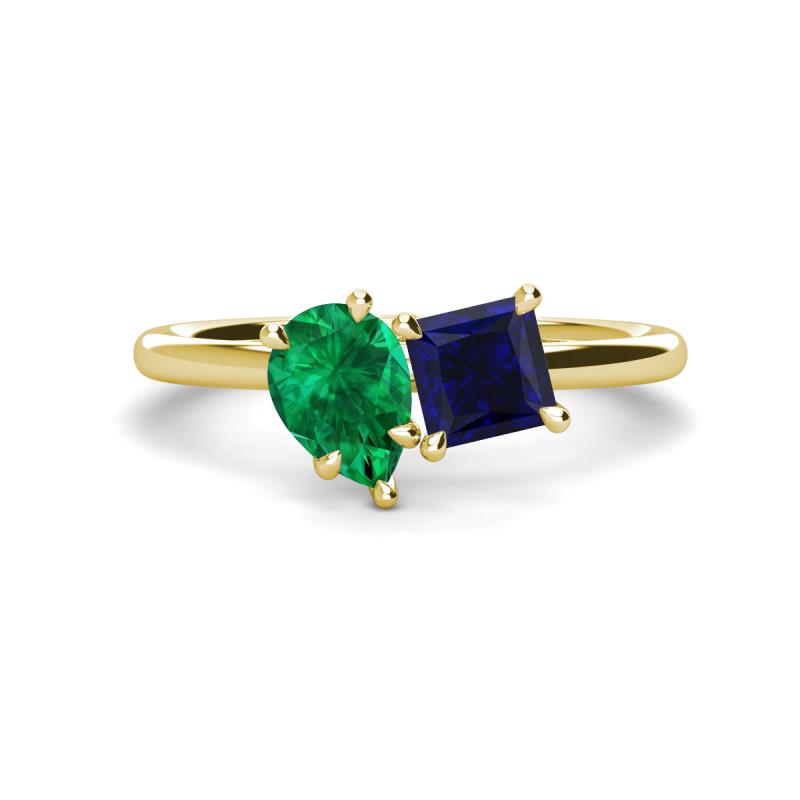 Zoya Pear Shape Emerald & Princess Shape Lab Created Blue Sapphire 2 Stone Duo Ring 