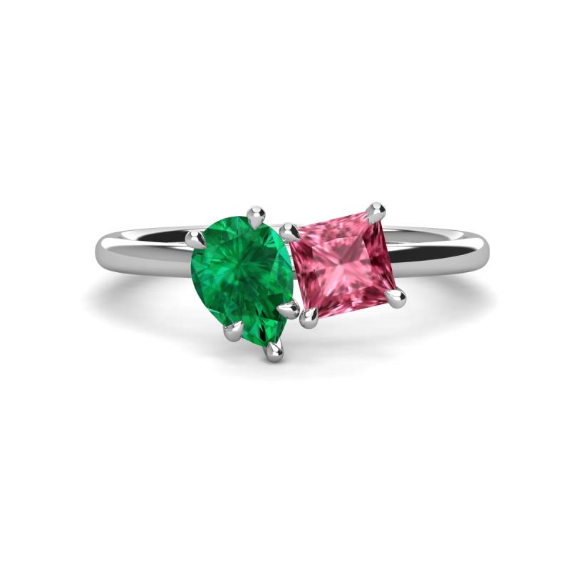 Zoya Pear Shape Emerald & Princess Shape Pink Tourmaline 2 Stone Duo Ring 