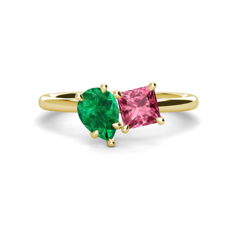Zoya Pear Shape Emerald & Princess Shape Pink Tourmaline 2 Stone Duo Ring 