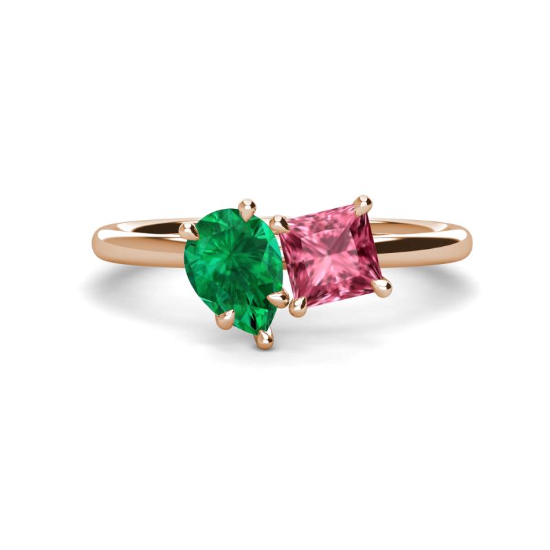 Zoya Pear Shape Emerald & Princess Shape Pink Tourmaline 2 Stone Duo Ring 