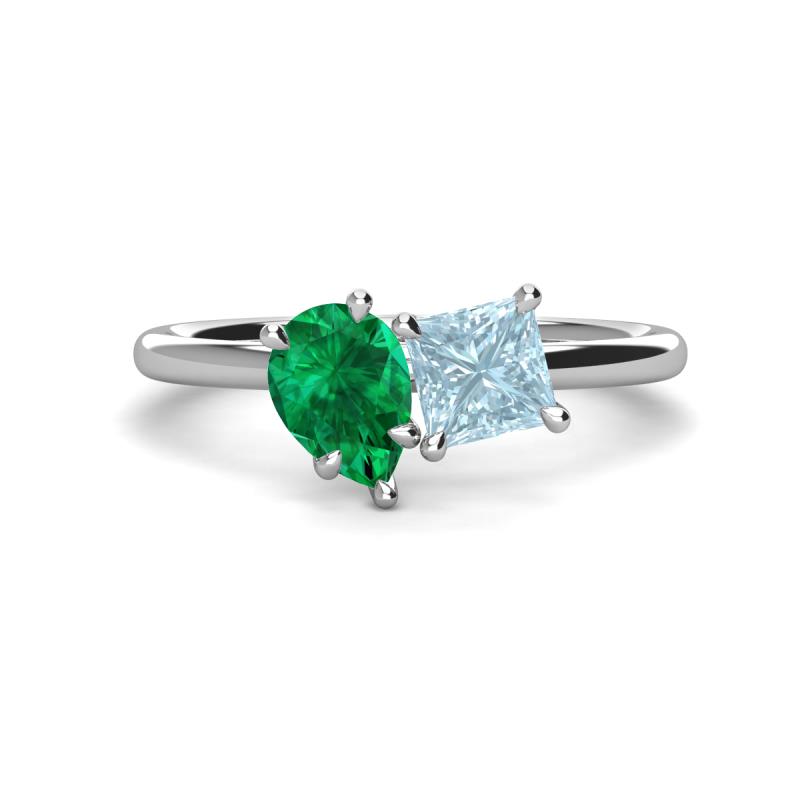 Zoya Pear Shape Emerald & Princess Shape Aquamarine 2 Stone Duo Ring 