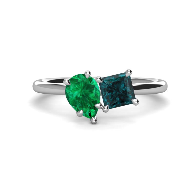 Zoya Pear Shape Emerald & Princess Shape London Blue Topaz 2 Stone Duo Ring 