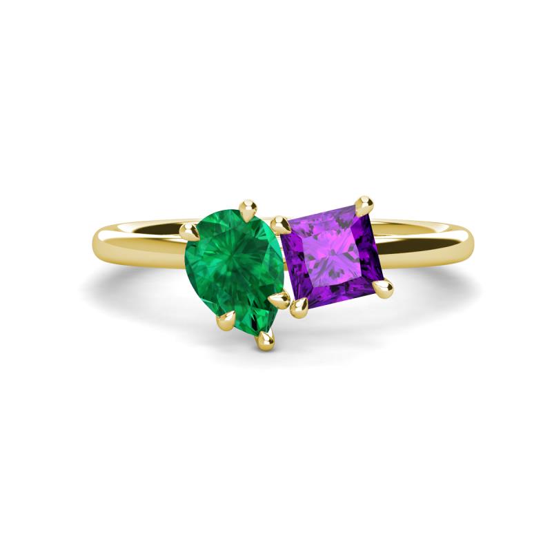 Zoya Pear Shape Emerald & Princess Shape Amethyst 2 Stone Duo Ring 