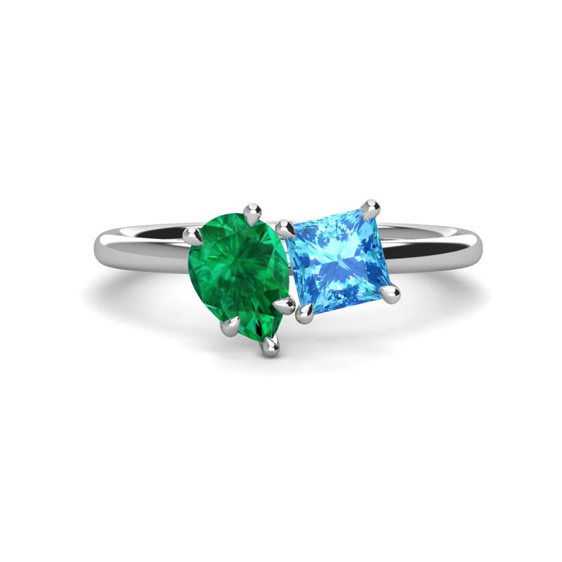 Zoya Pear Shape Emerald & Princess Shape Blue Topaz 2 Stone Duo Ring 