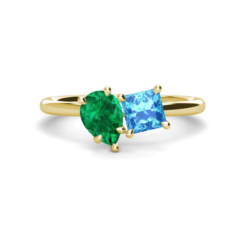 Zoya Pear Shape Emerald & Princess Shape Blue Topaz 2 Stone Duo Ring 