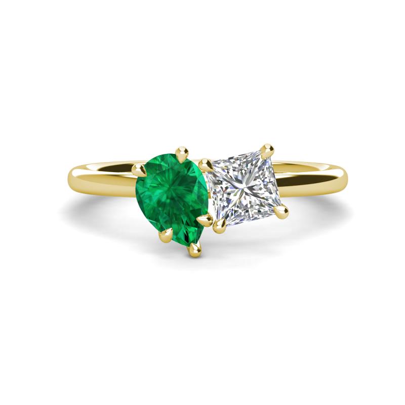 Zoya Pear Shape Emerald & Princess Shape Certified Diamond 2 Stone Duo Ring 