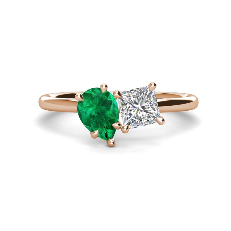 Zoya Pear Shape Emerald & Princess Shape Certified Diamond 2 Stone Duo Ring 