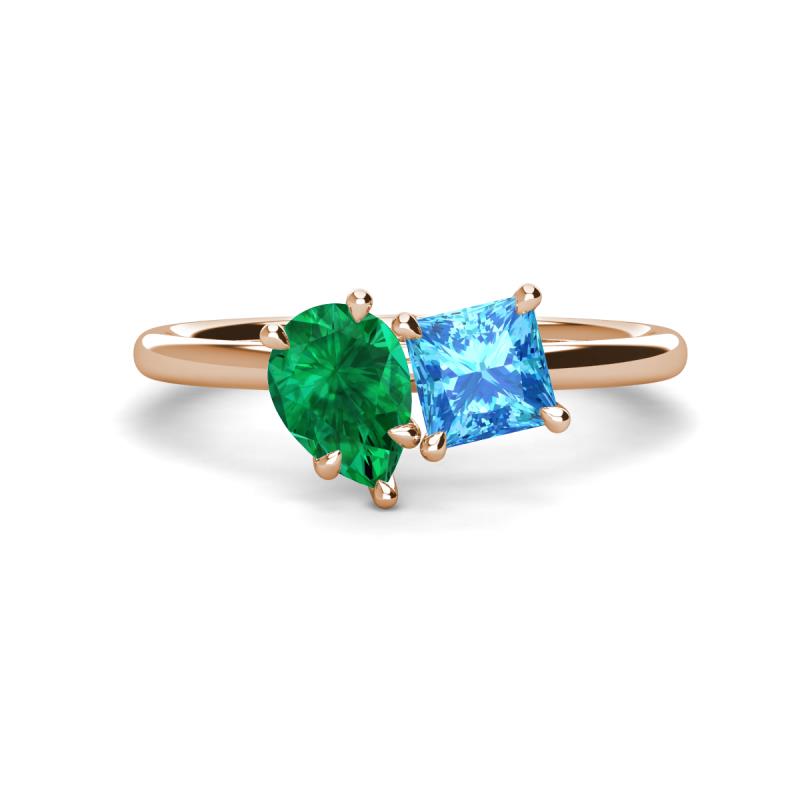 Zoya Pear Shape Emerald & Princess Shape Blue Topaz 2 Stone Duo Ring 