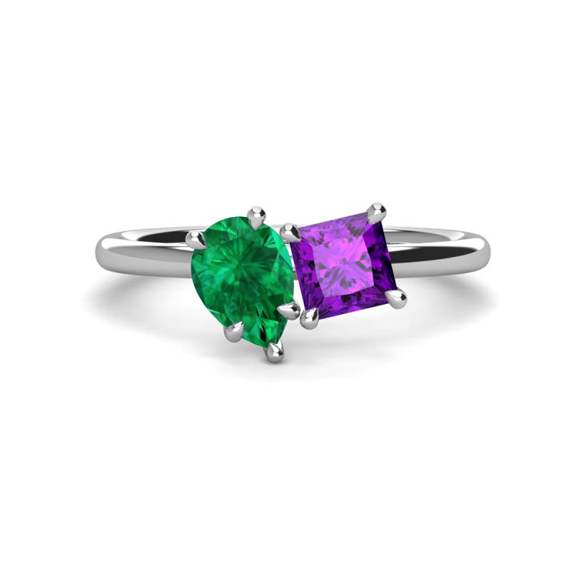 Zoya Pear Shape Emerald & Princess Shape Amethyst 2 Stone Duo Ring 