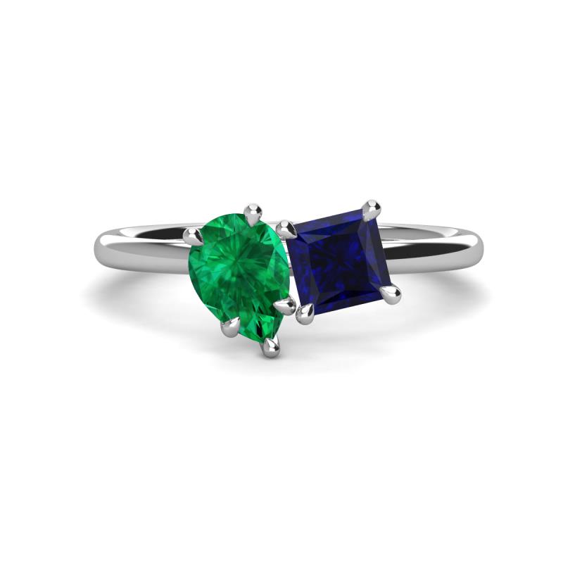 Zoya Pear Shape Emerald & Princess Shape Lab Created Blue Sapphire 2 Stone Duo Ring 