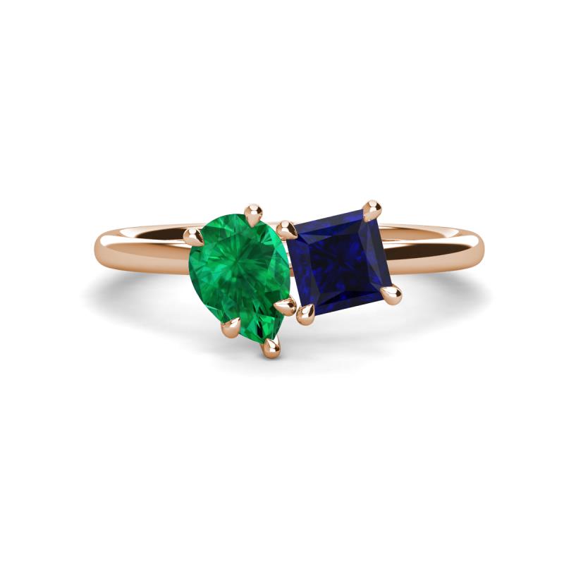 Zoya Pear Shape Emerald & Princess Shape Lab Created Blue Sapphire 2 Stone Duo Ring 
