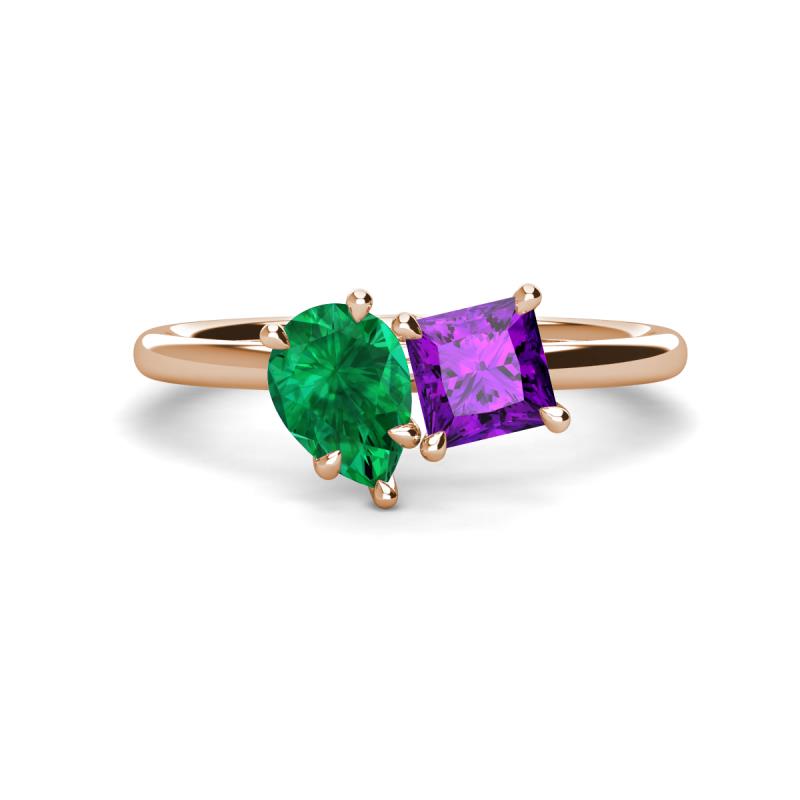 Zoya Pear Shape Emerald & Princess Shape Amethyst 2 Stone Duo Ring 