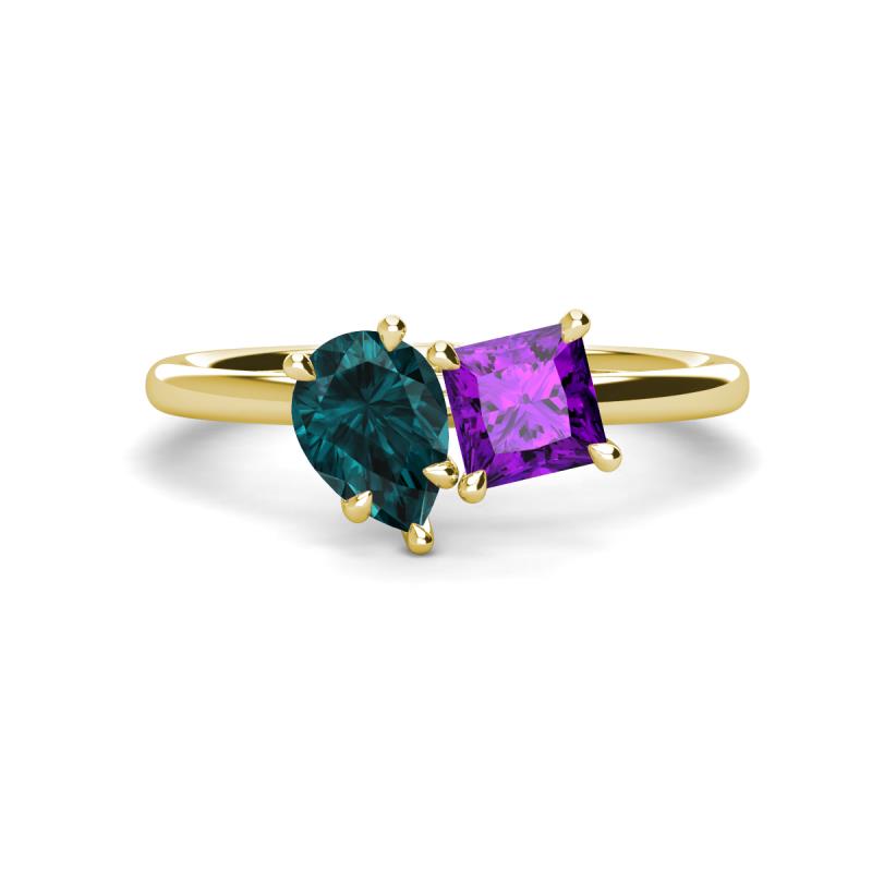 Zoya Pear Shape London Blue Topaz & Princess Shape Amethyst 2 Stone Duo Ring 