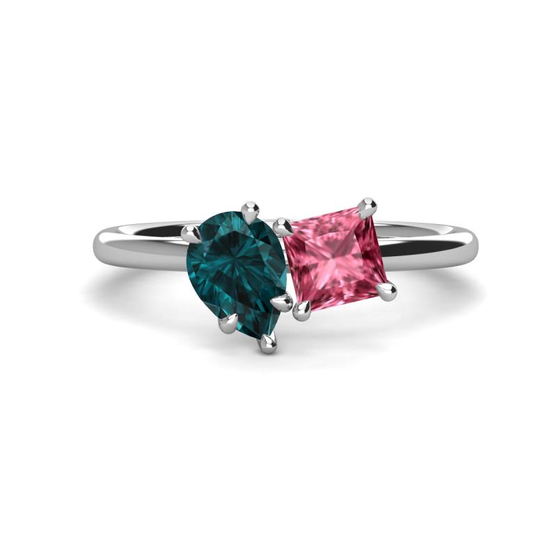 Zoya Pear Shape London Blue Topaz & Princess Shape Pink Tourmaline 2 Stone Duo Ring 