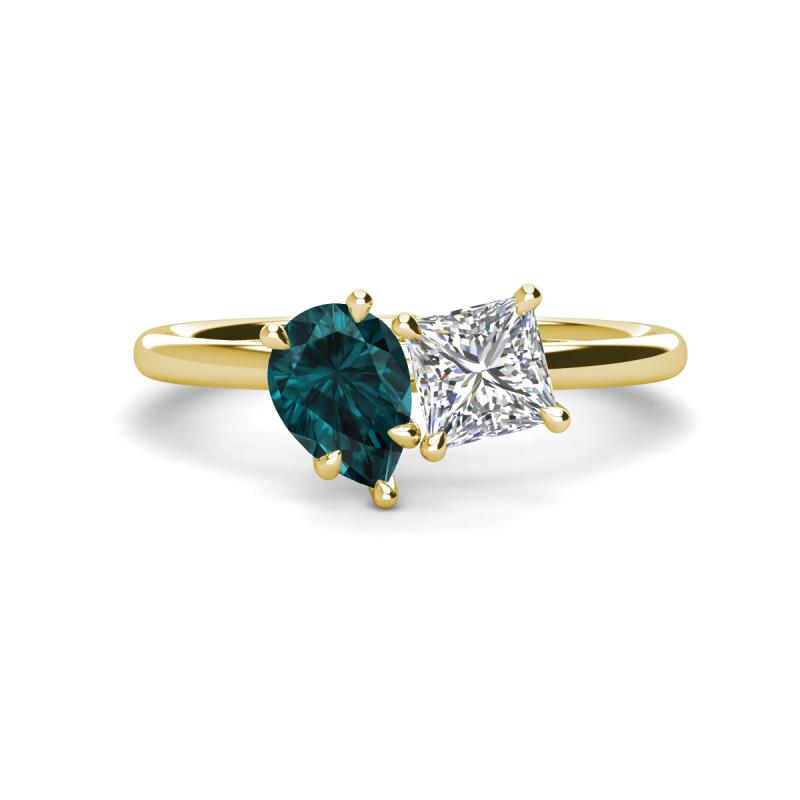 Zoya Pear Shape London Blue Topaz & Princess Shape GIA Certified Diamond 2 Stone Duo Ring 