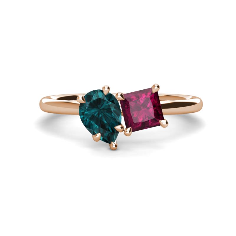 Zoya Pear Shape London Blue Topaz & Princess Shape Rhodolite Garnet 2 Stone Duo Ring 