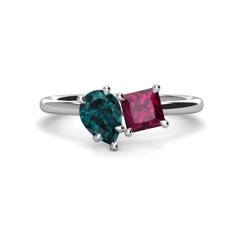 Zoya Pear Shape London Blue Topaz & Princess Shape Rhodolite Garnet 2 Stone Duo Ring 