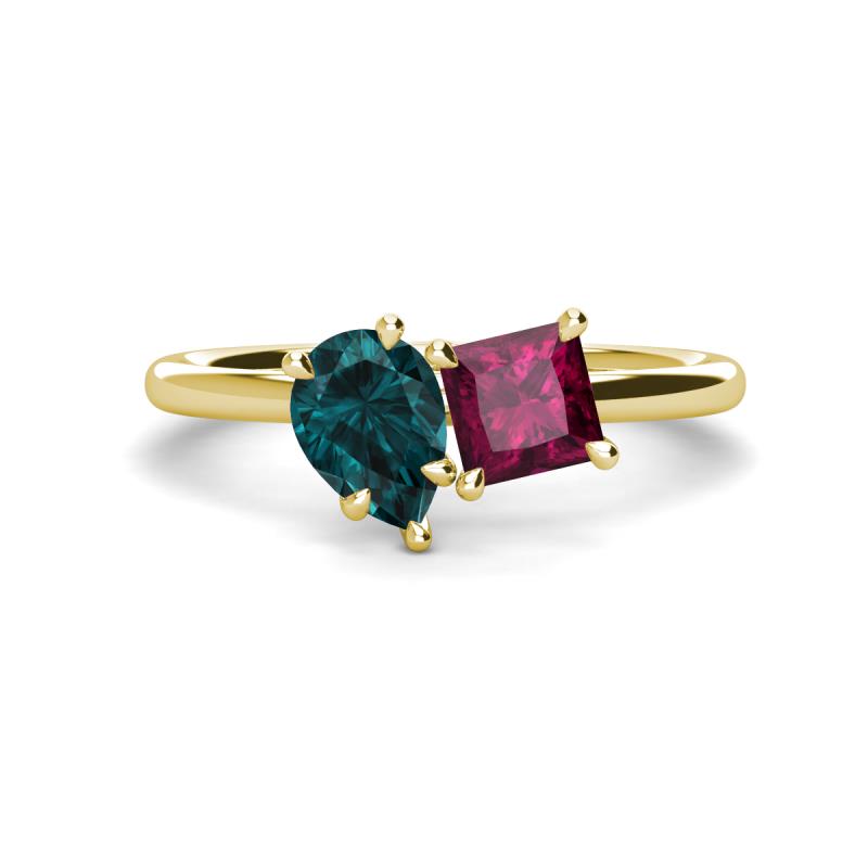 Zoya Pear Shape London Blue Topaz & Princess Shape Rhodolite Garnet 2 Stone Duo Ring 