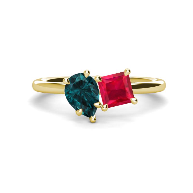 Zoya Pear Shape London Blue Topaz & Princess Shape Lab Created Ruby 2 Stone Duo Ring 
