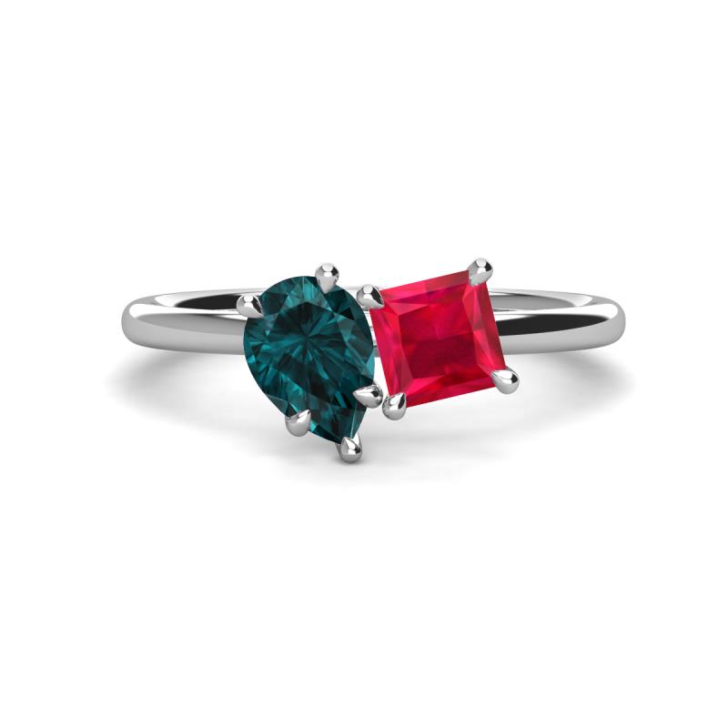 Zoya Pear Shape London Blue Topaz & Princess Shape Lab Created Ruby 2 Stone Duo Ring 