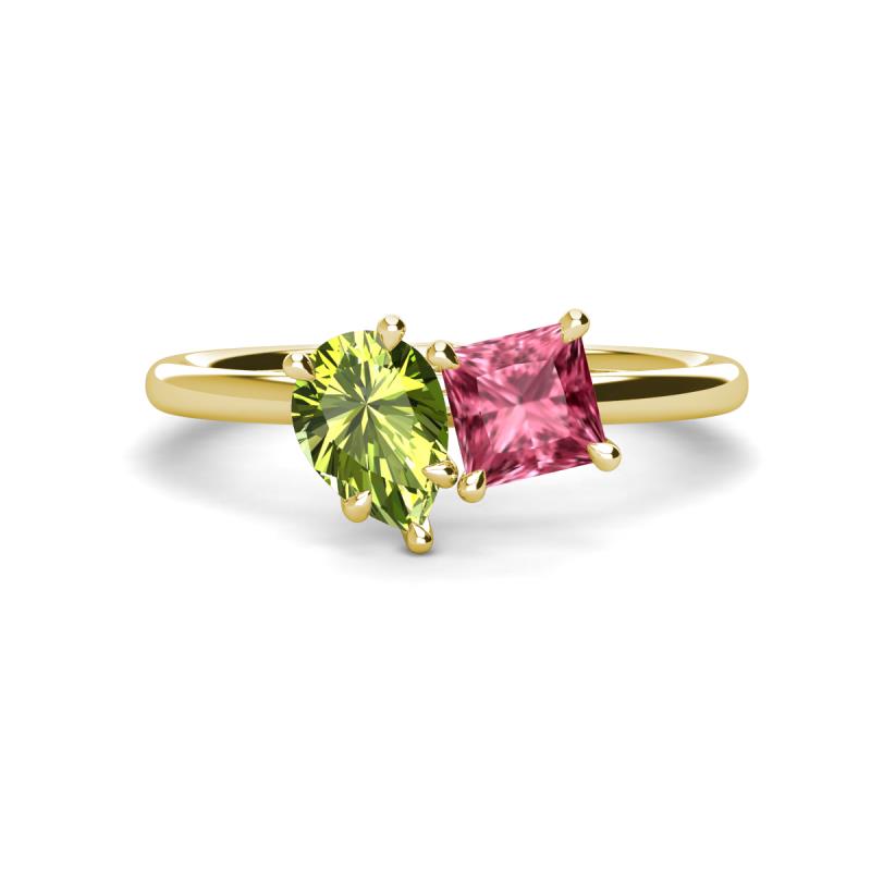 Zoya Pear Shape Peridot & Princess Shape Pink Tourmaline 2 Stone Duo Ring 
