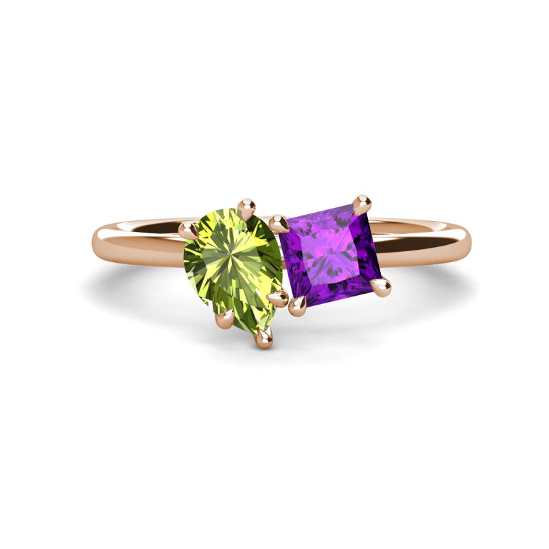 Zoya Pear Shape Peridot & Princess Shape Amethyst 2 Stone Duo Ring 