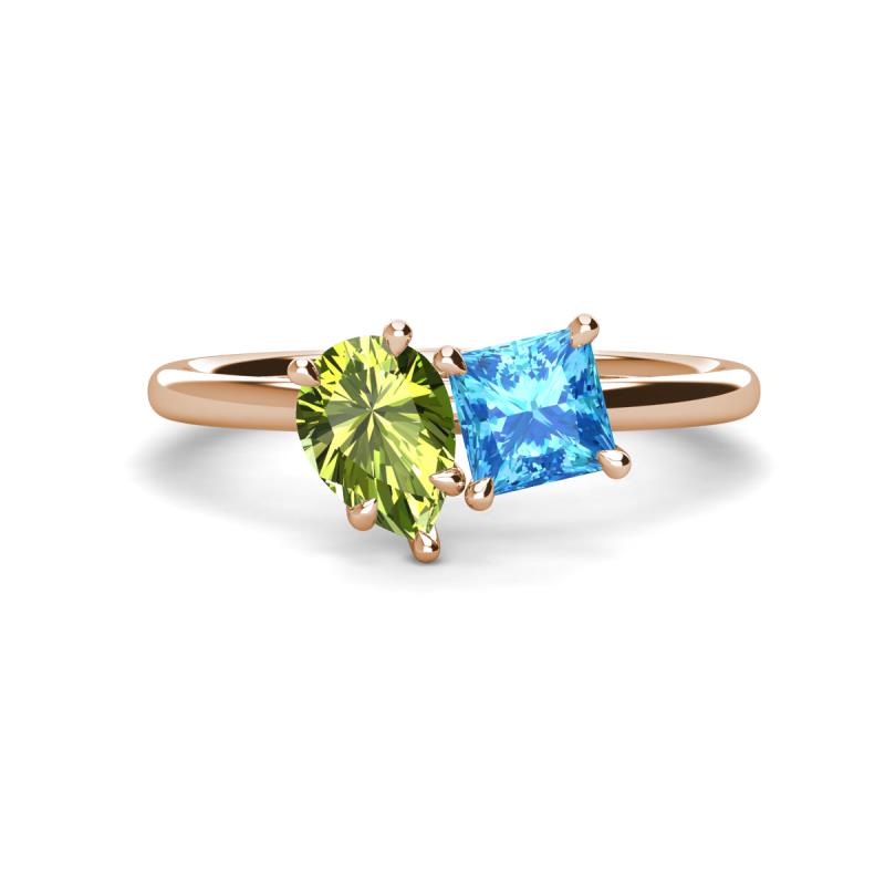 Zoya Pear Shape Peridot & Princess Shape Blue Topaz 2 Stone Duo Ring 