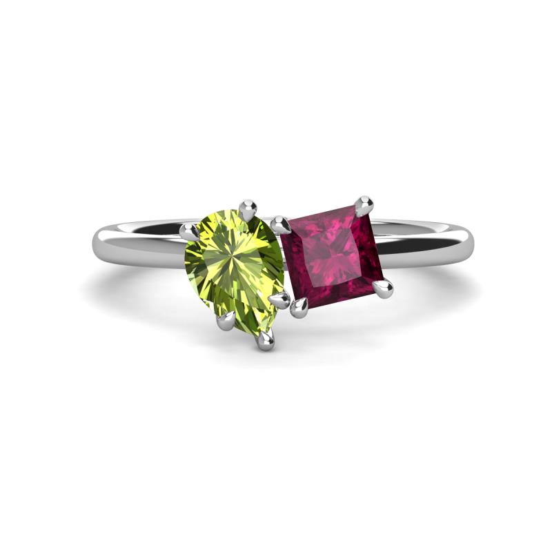 Zoya Pear Shape Peridot & Princess Shape Rhodolite Garnet 2 Stone Duo Ring 