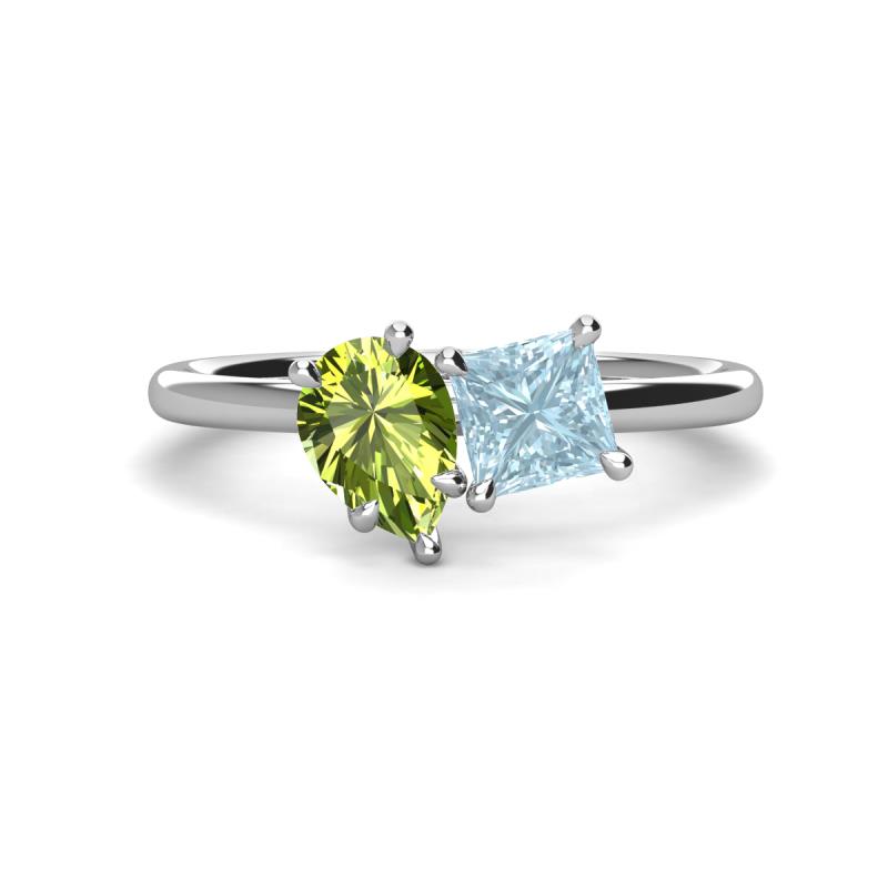 Zoya Pear Shape Peridot & Princess Shape Aquamarine 2 Stone Duo Ring 