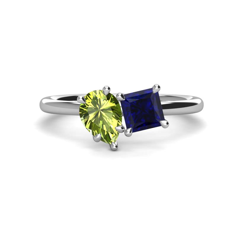 Zoya Pear Shape Peridot & Princess Shape Lab Created Blue Sapphire 2 Stone Duo Ring 