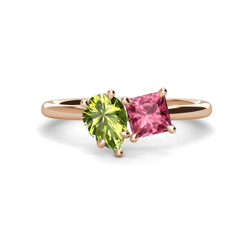 Zoya Pear Shape Peridot & Princess Shape Pink Tourmaline 2 Stone Duo Ring 